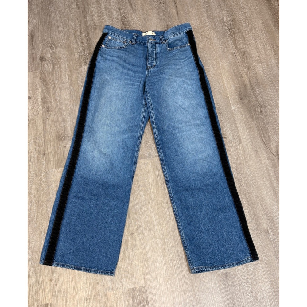 Madewell Low-Slung Baggy Jeans Velvet Tuxedo Stripe Wide Leg Blue 26 DM8539